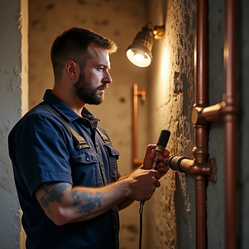 Meseriaș verificând instalațiile unui apartament din bloc